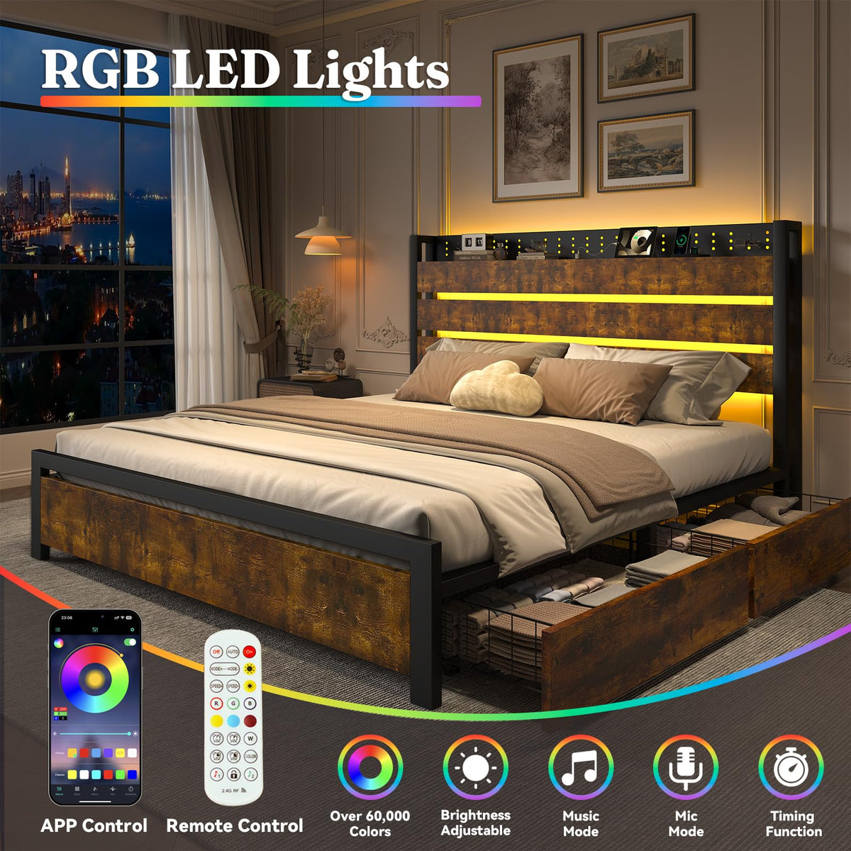 King Size Storage Bed Frame with 4 Drawers, Metal Bed Frame with Headboard Charging Station & Led Lights, Heavy Duty Platform Bedframe, No Box Spring Needed, Noise Free, Easy Assembly, Brown I3714
