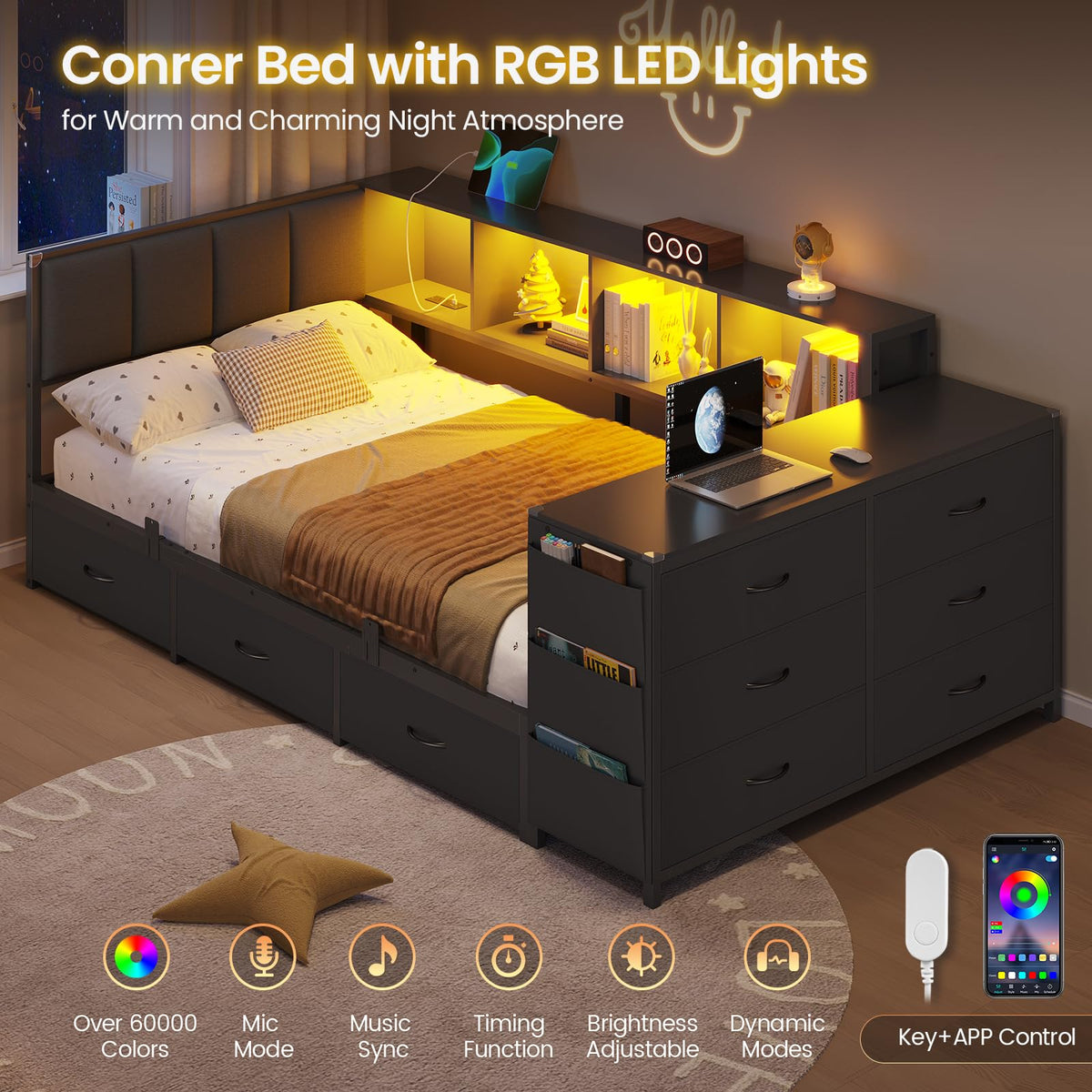 Twin Corner Bed with 6 Storage Dressers, 3 Drawers & Bookcase, Charging Station and LED Light, Desk, Upholstered Headboard, Black G5065