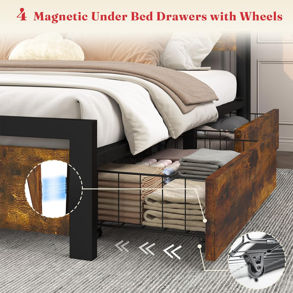 King Size Storage Bed Frame with 4 Drawers, Metal Bed Frame with Headboard Charging Station & Led Lights, Heavy Duty Platform Bedframe, No Box Spring Needed, Noise Free, Easy Assembly, Brown I3714