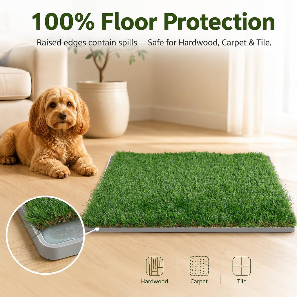 Dog Grass Pad with Tray 20" x 24" Artificial Grass Pee Pads with Non-Slip Grey Silicone Tray & 2 Replacement Grass Mats D619