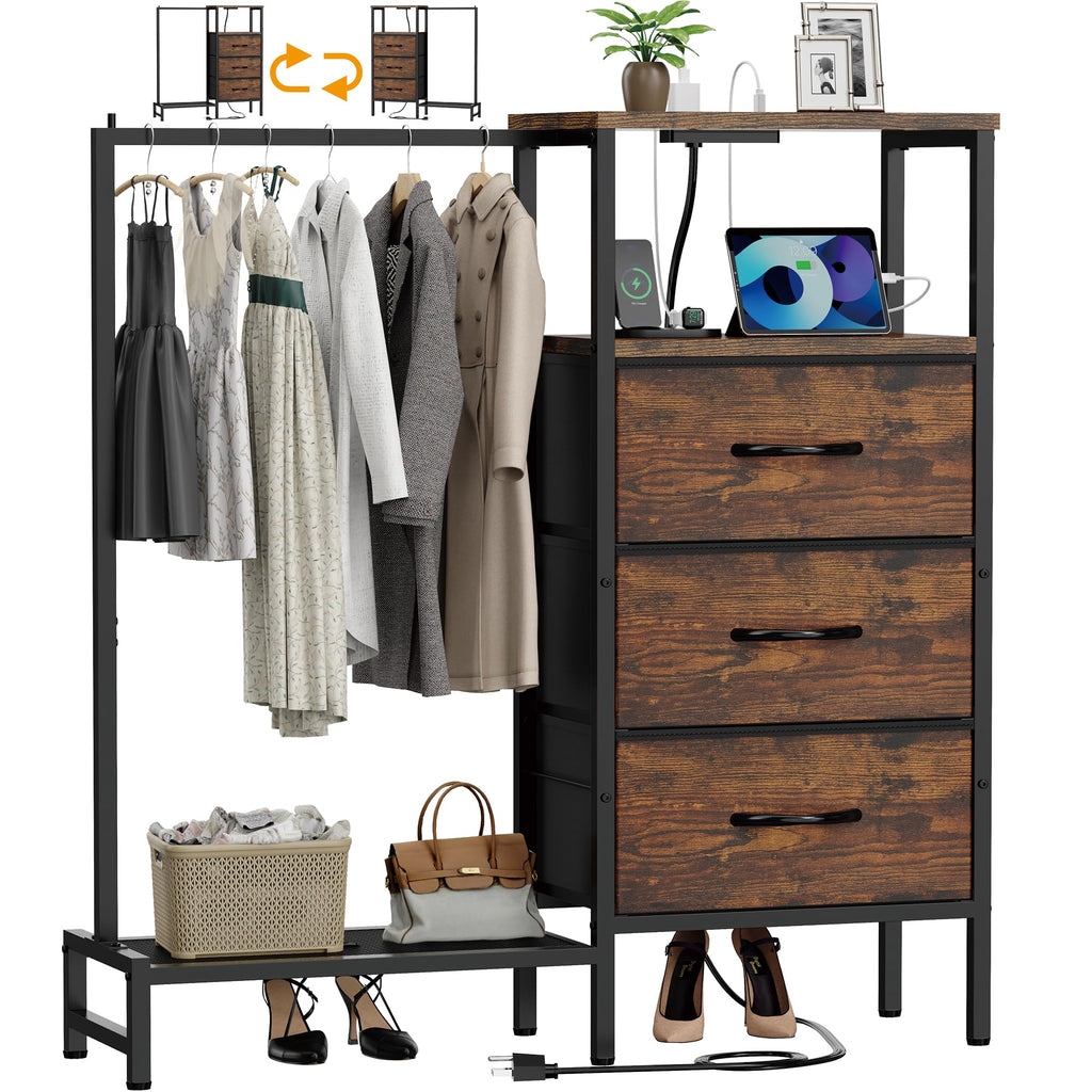 Brown 3 Drawer Fabric Dresser with Hanging Rack N491