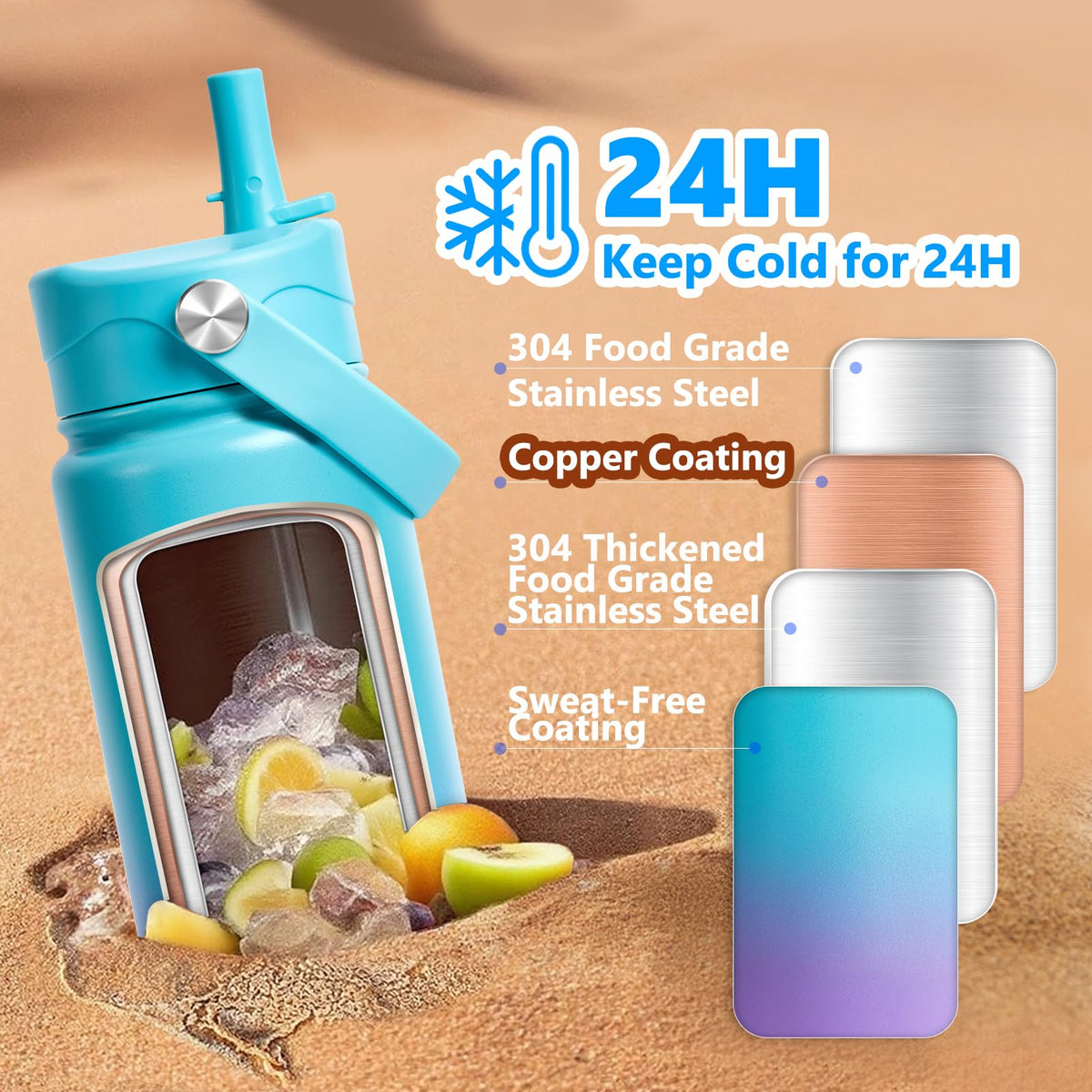 Insulated Water Bottle with Lid & Boot & Stickers, 24 oz S489592