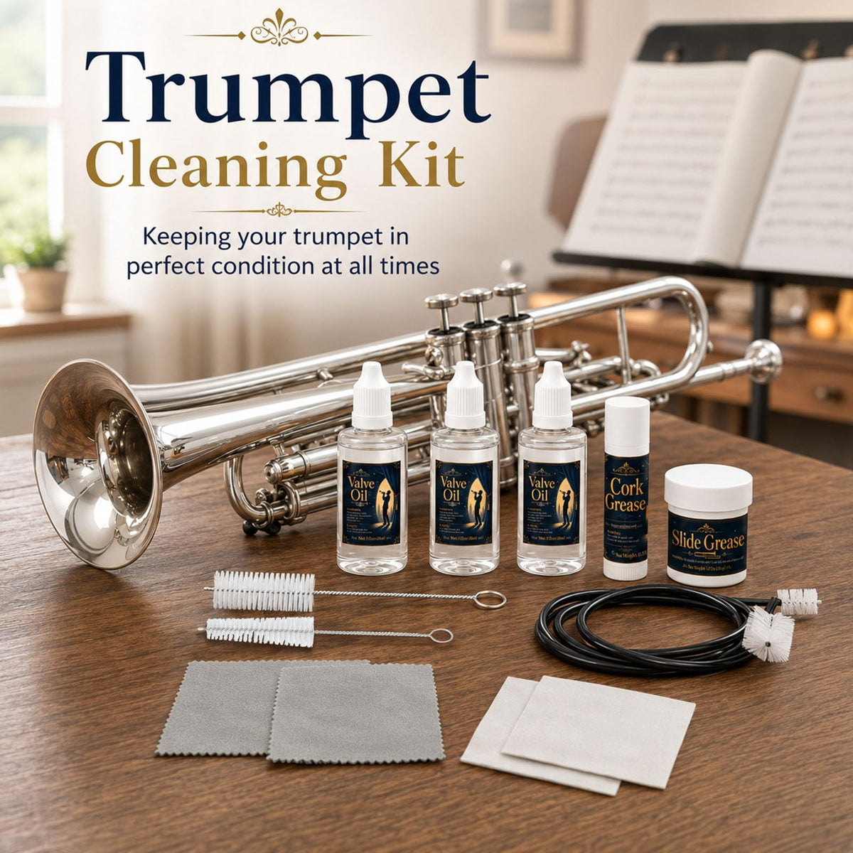 12 Pc Trumpet Cleaning Care Kit with Valve Oil, Grease, Brush J105660