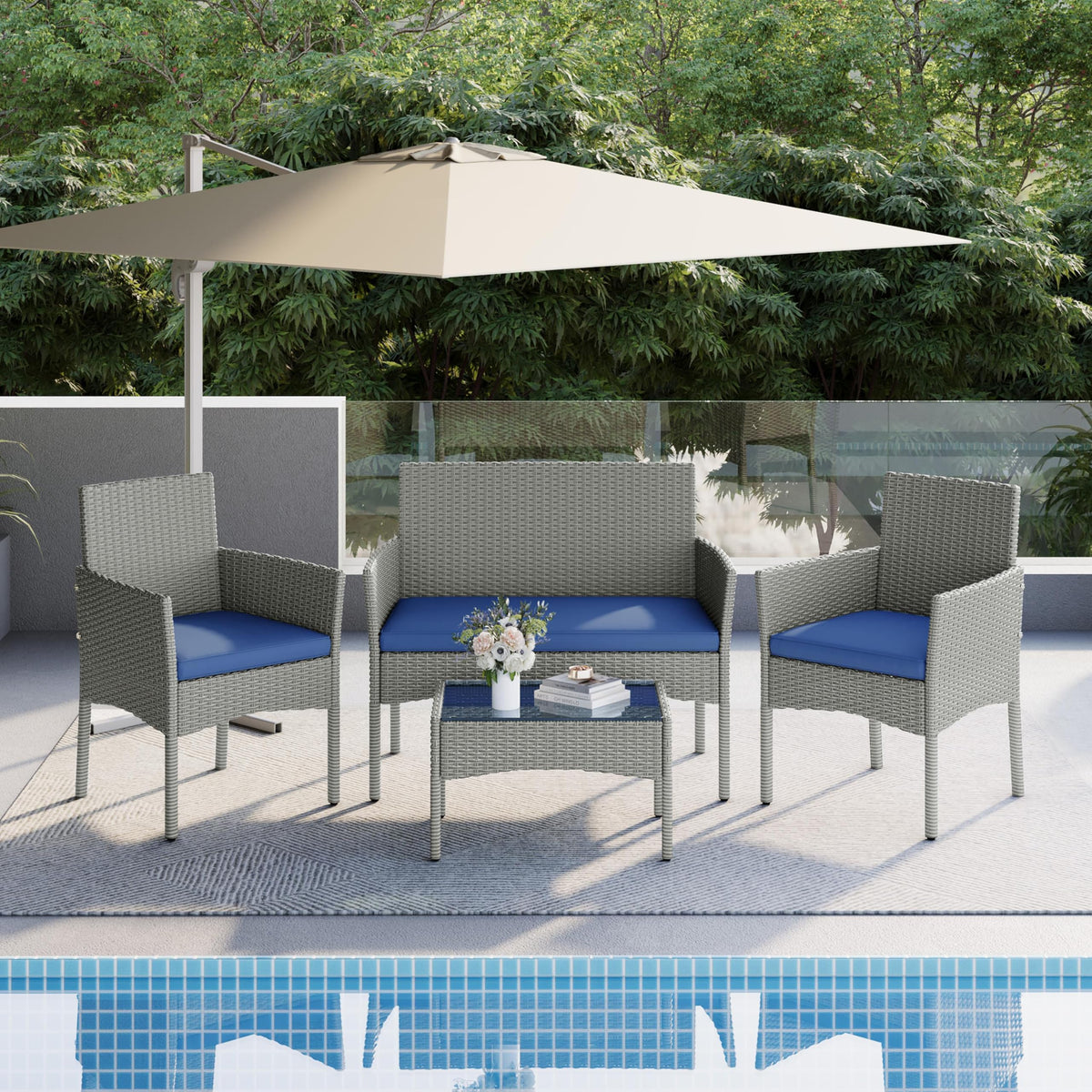 4 Pieces Rattan Wicker Patio Furniture Set with Cushion and Glass Table D405730