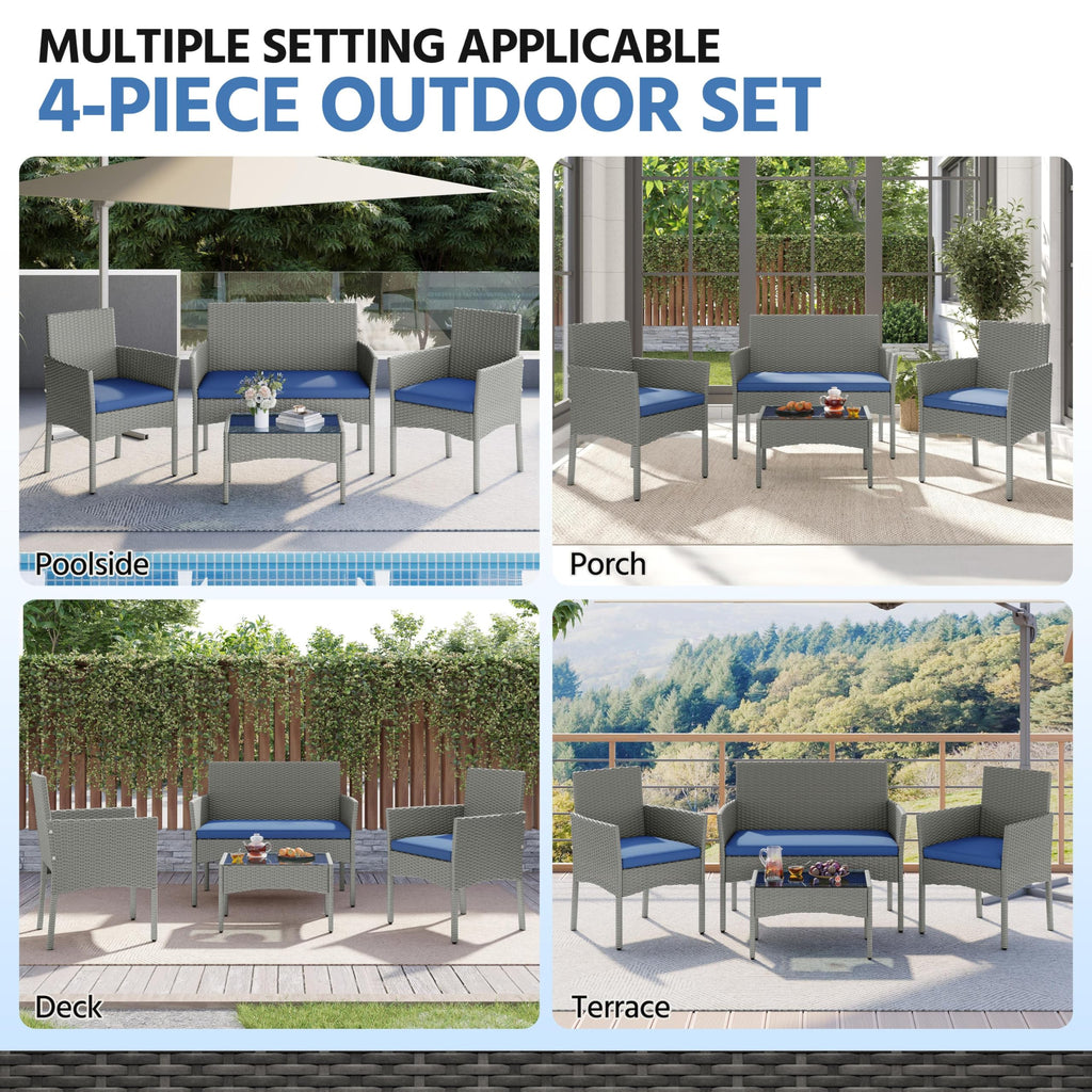 4 Pieces Rattan Wicker Patio Furniture Set with Cushion and Glass Table D405730