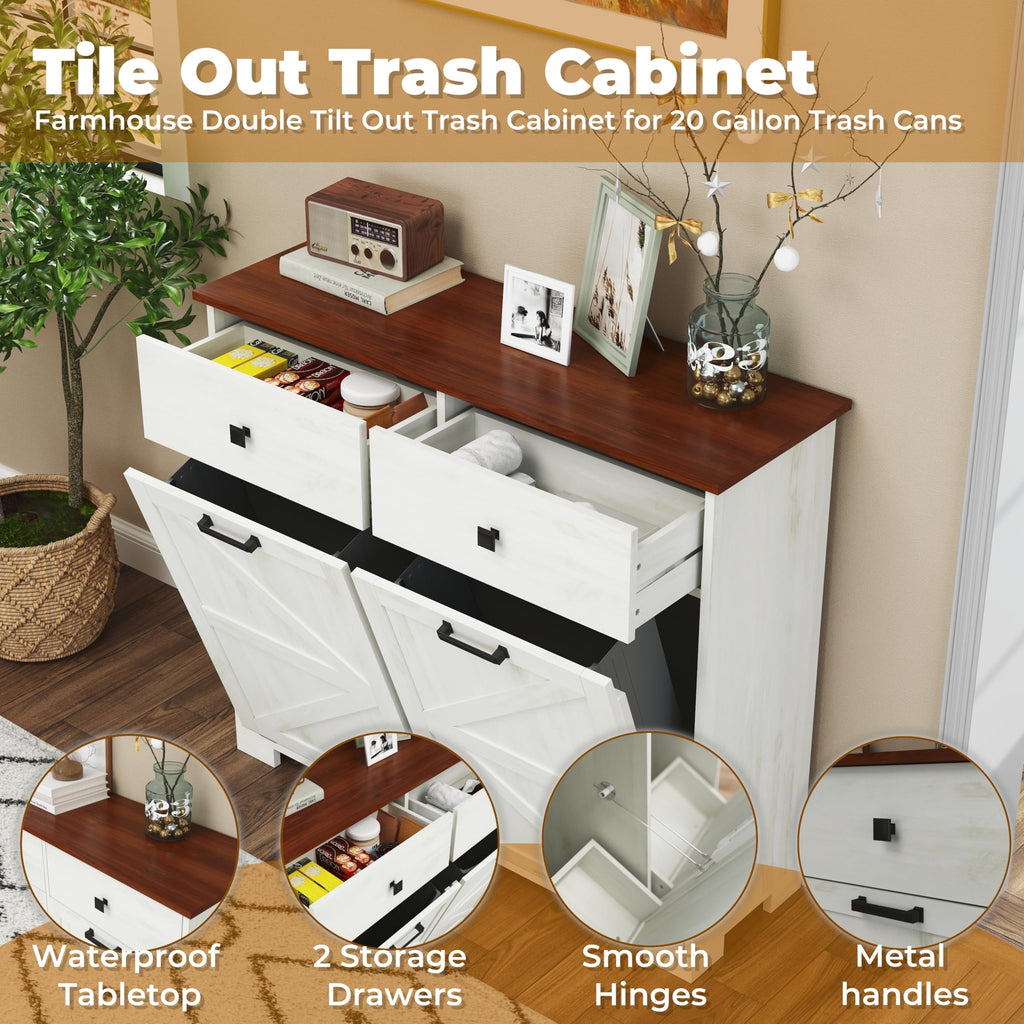 Antique White Wooden Tilt Out Trash Cabinet with 2 Storage Drawers I607