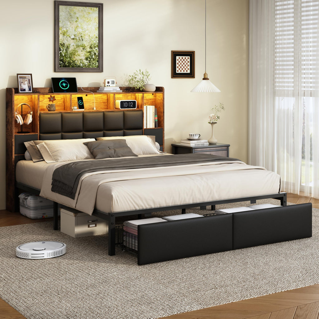 Full Size Platform Bed Frame with LED Light and Charging Station, Black O36303