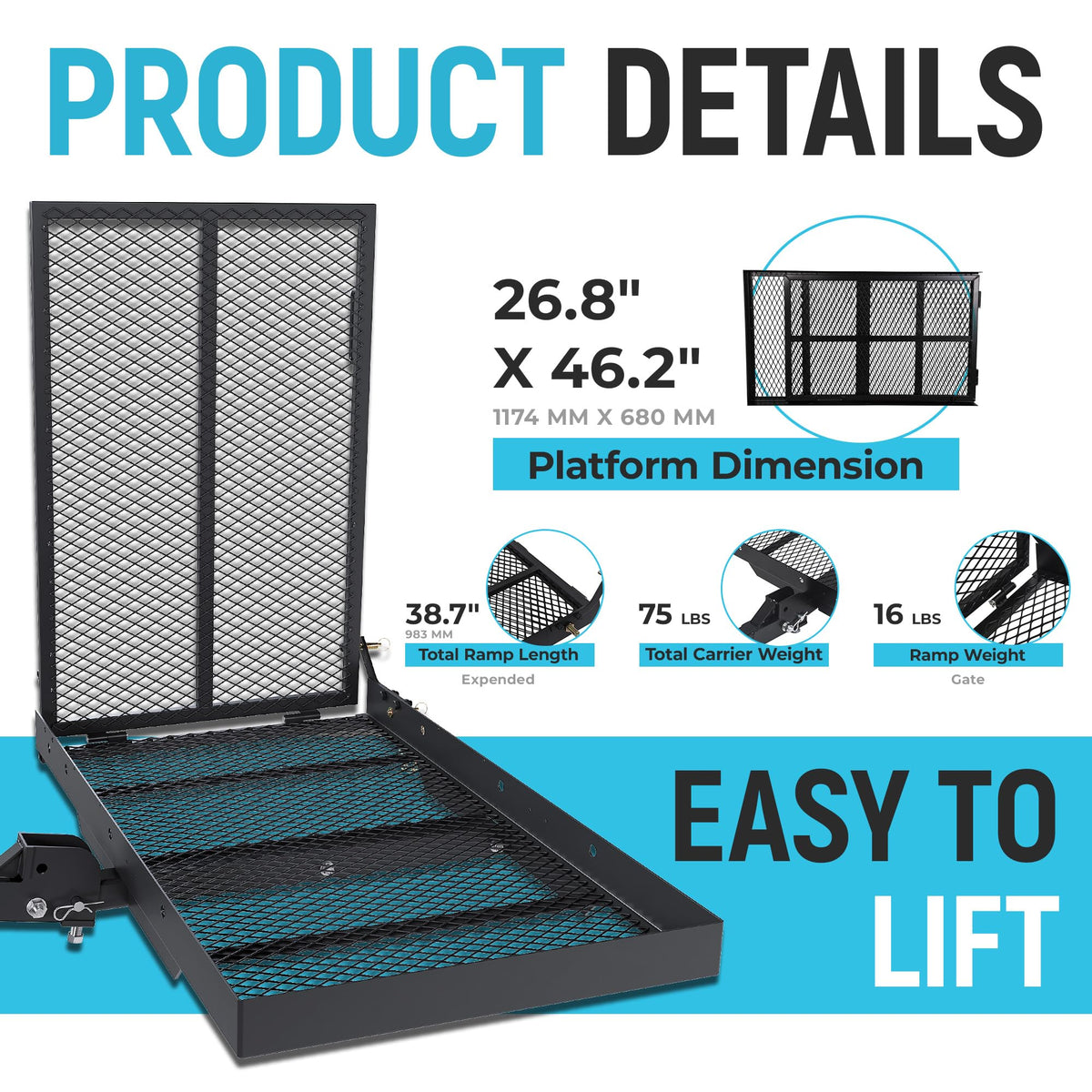 46.2 X 26.8 X 38.7 Inch Foldable Hitch Cargo Carrier with Ramp 500 Lbs H9895