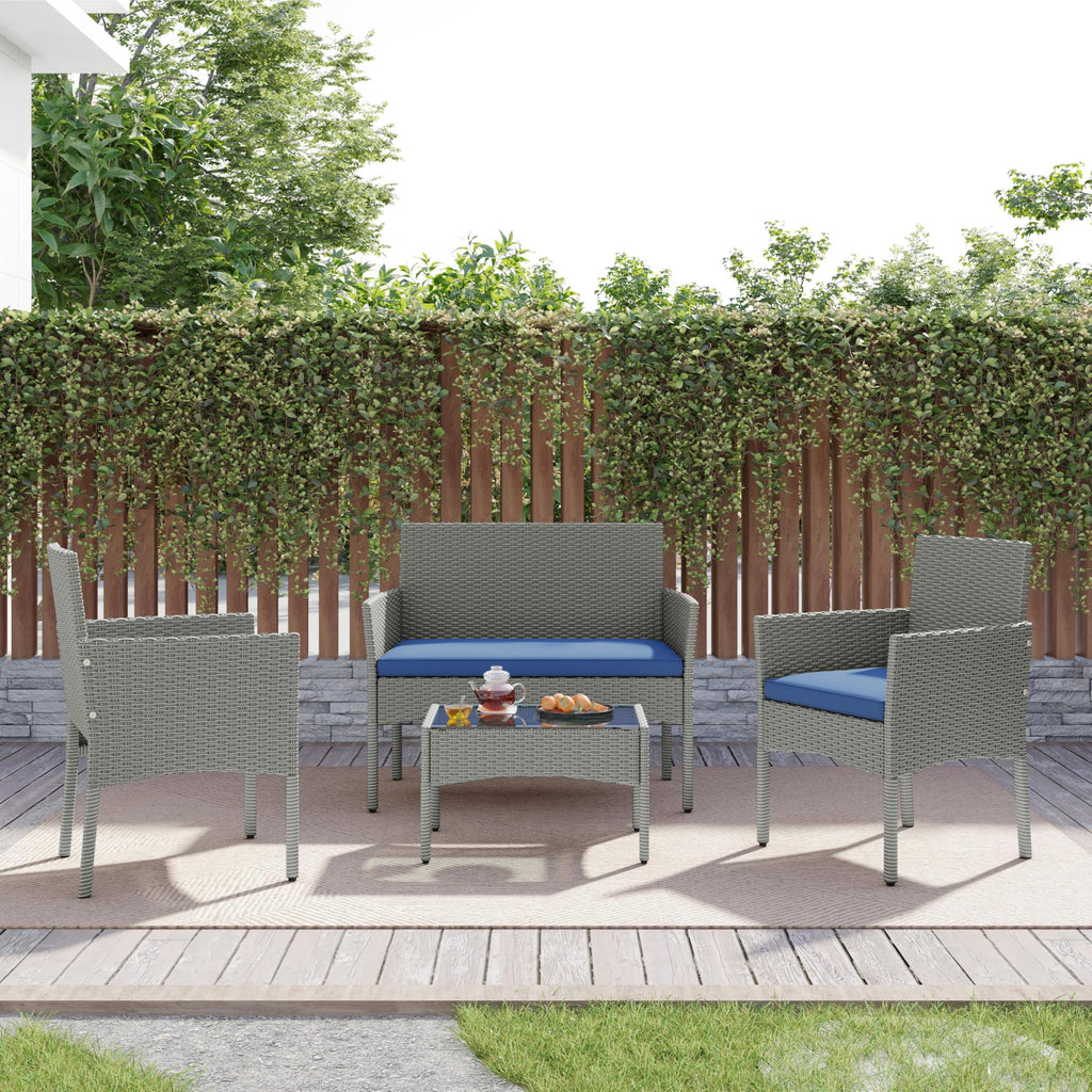 4 Pieces Rattan Wicker Patio Furniture Set with Cushion and Glass Table D405730