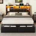 Full Size Platform Bed Frame with LED Light and Charging Station, Black O36303