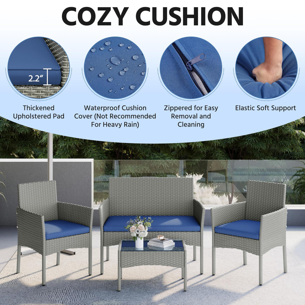 4 Pieces Rattan Wicker Patio Furniture Set with Cushion and Glass Table D405730