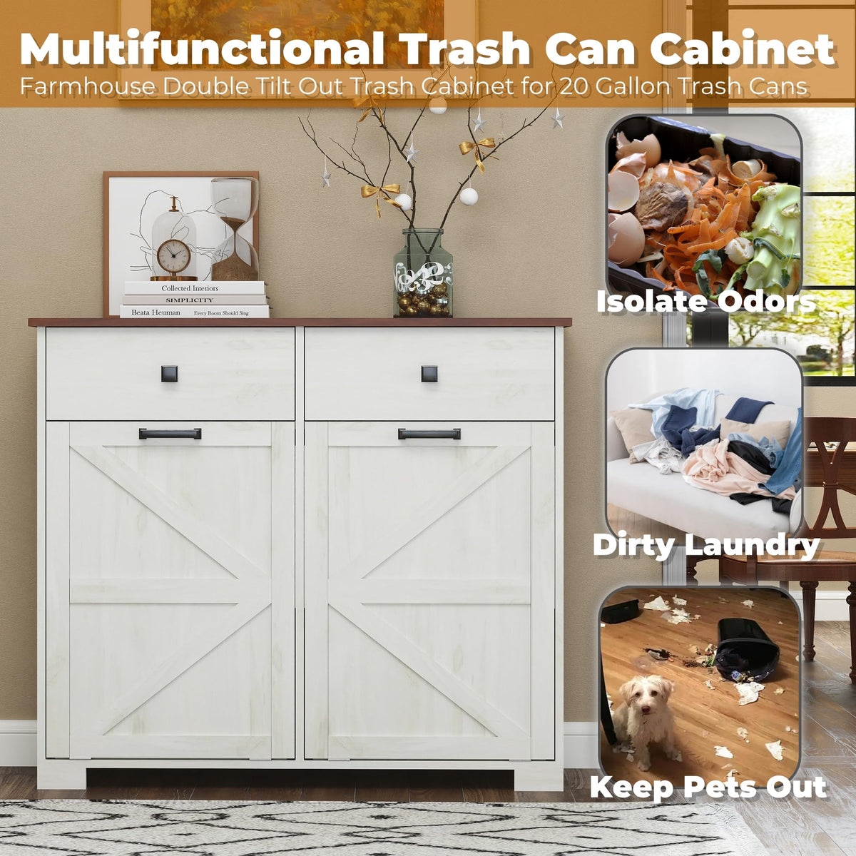 Antique White Wooden Tilt Out Trash Cabinet with 2 Storage Drawers I607